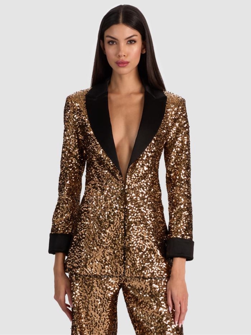 Alice + Olivia Gold Sequin Blazer with Black Satin Lapel